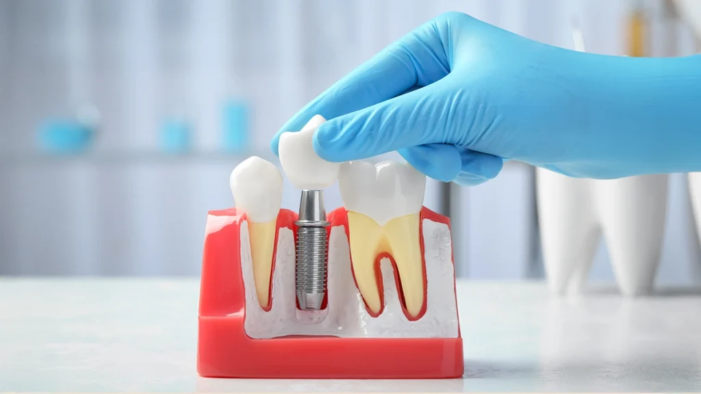 Dental implants after gum disease treatment with crown placement model