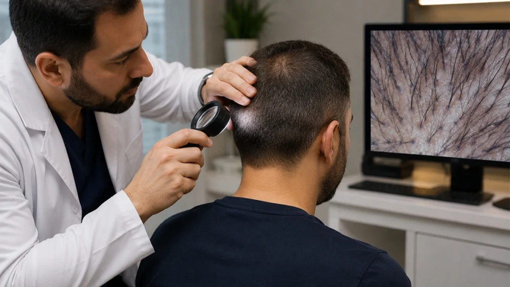 Hair transplant specialist examining a patient’s donor area with a magnifying device while displaying a close-up scalp analysis on a monitor.