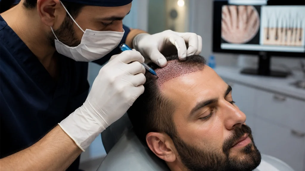 Surgeon performing an FUE hair transplant procedure by implanting grafts into a patient’s hairline while monitoring scalp analysis images on a screen.