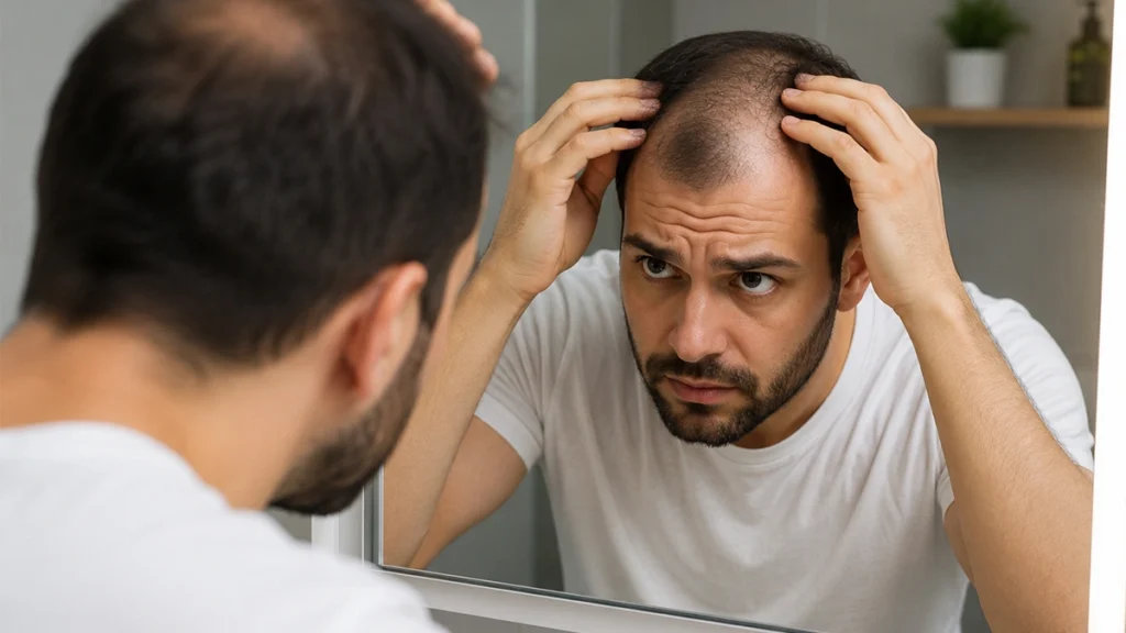 Man examining hair loss in a mirror, illustrating the factors that influence FUE hair transplant costs such as hair loss severity, graft requirements, and donor area quality.