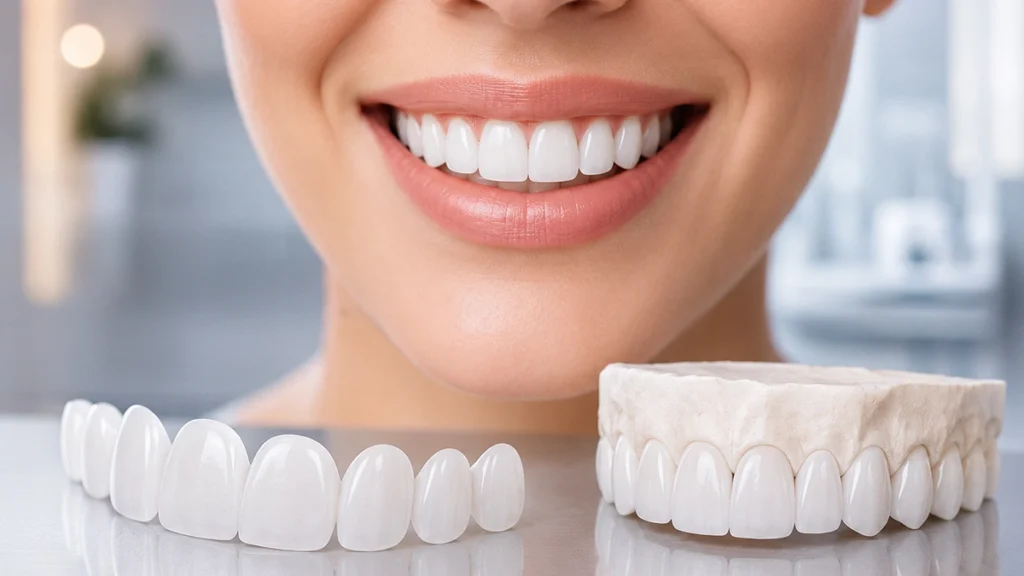 Laminate veneers displayed beside a bright smile for cosmetic dentistry and smile makeover treatment.
