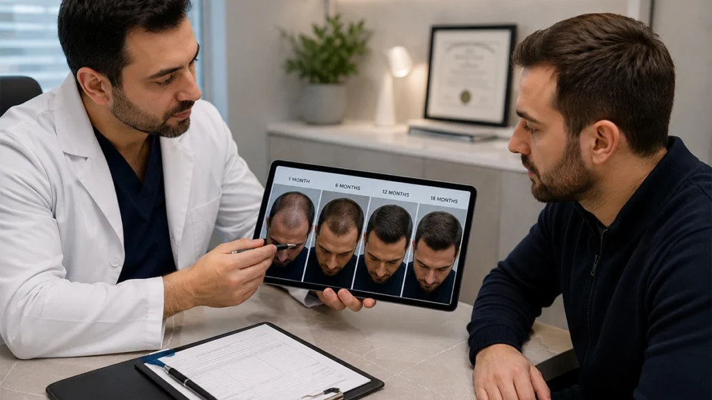 Hair transplant consultation in Istanbul, with a surgeon showing a patient a tablet displaying before-and-after hair restoration results during a treatment planning session.