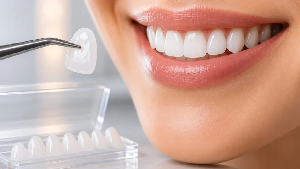 Ultra-thin Lumineers veneer shown beside a bright smile for cosmetic dentistry.