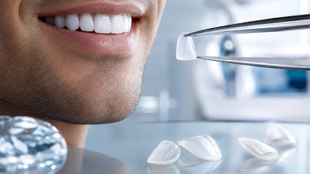 Veneer material selection showing porcelain dental veneers for modern cosmetic dentistry.