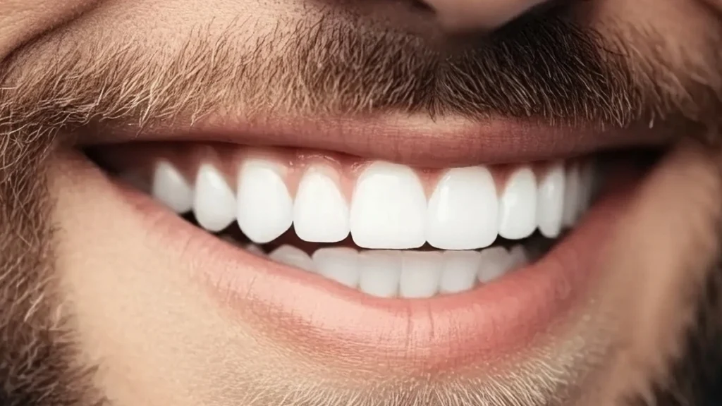 Close-up of a natural-looking white veneer smile showing realistic tooth color, translucency, and facial harmony.
