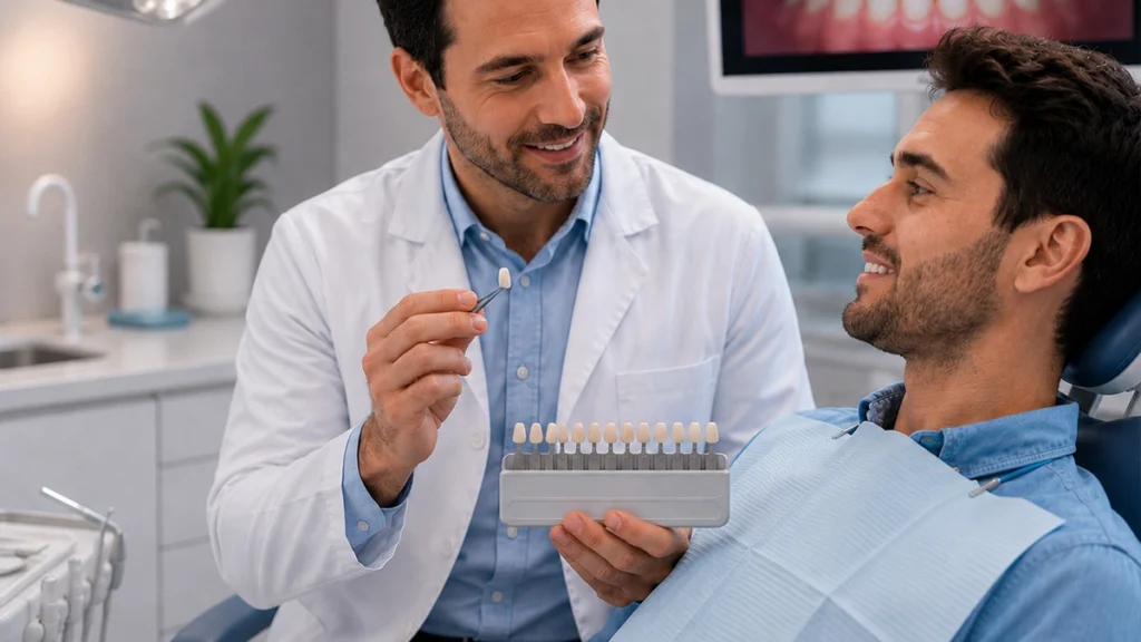 Dentist discussing Lumineers treatment with a patient using a dental shade guide.