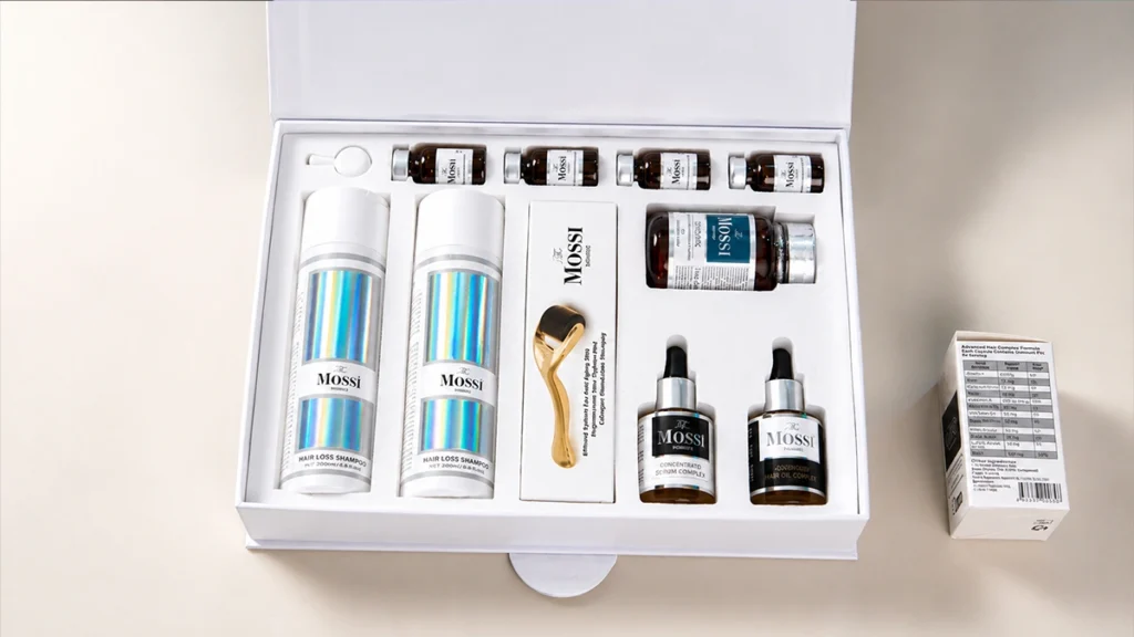 Hair transplant aftercare kit containing shampoos, serums, medications, and recovery products commonly included in some Turkey hair transplant packages.