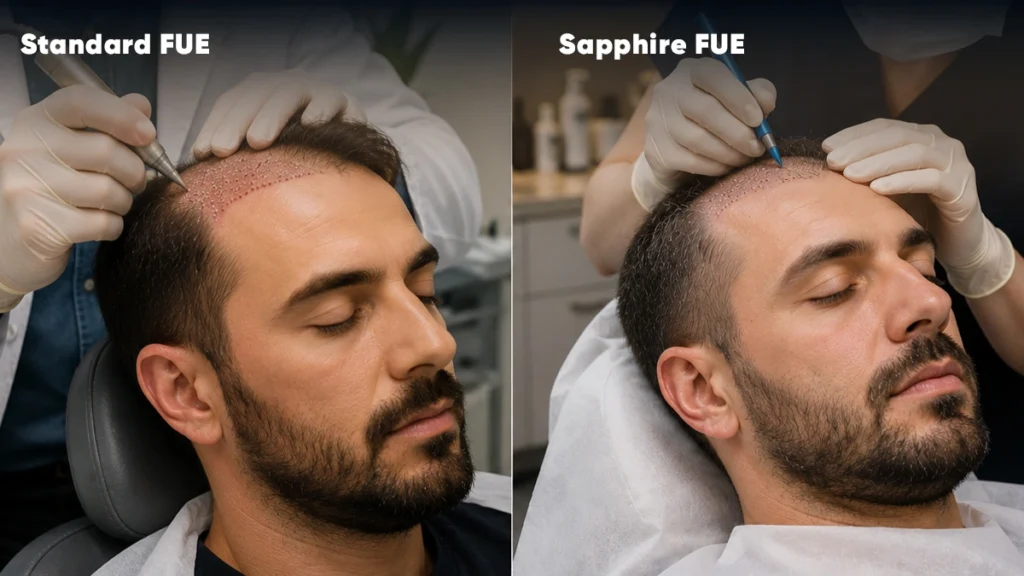 Side-by-side comparison of Standard FUE and Sapphire FUE hair transplant procedures, showing surgeons creating recipient sites on a patient's hairline using different surgical instruments.