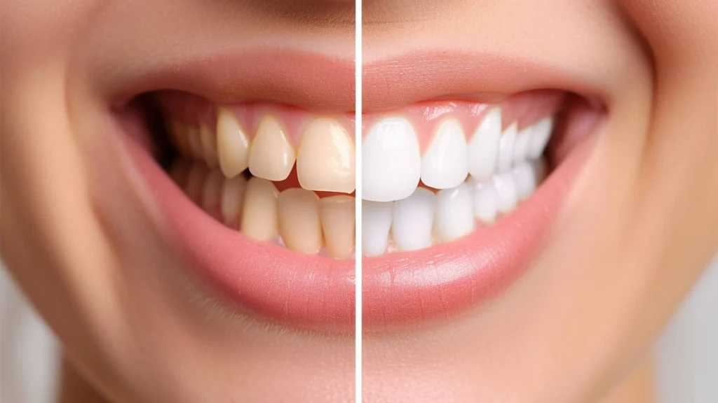 Before and after veneer smile transformation showing how veneer color selection can improve brightness, balance, and facial harmony.