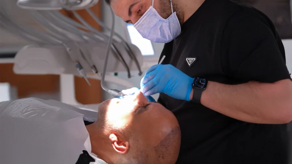 Dentist evaluating a patient for dental implants after radiation therapy