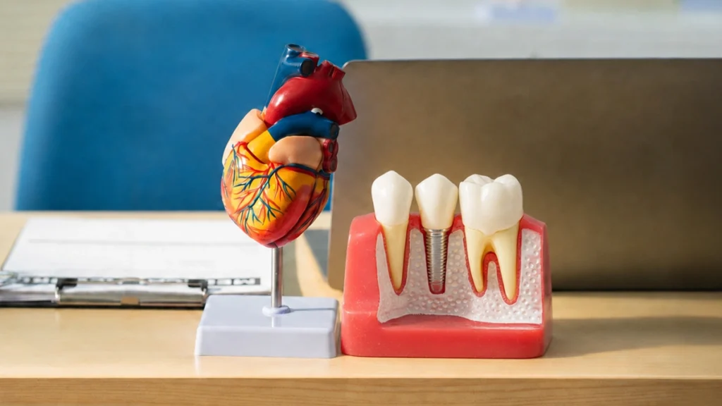 Heart and dental implant models representing implant treatment for patients with heart disease