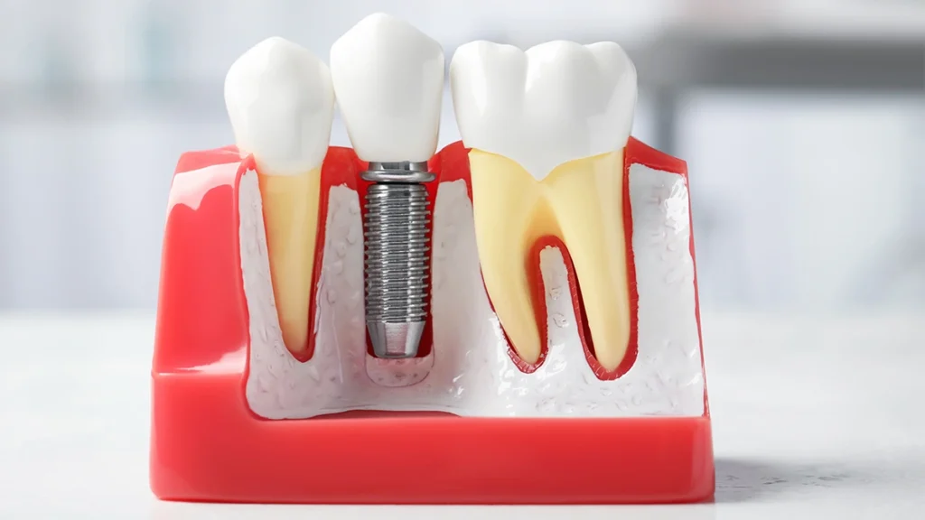 Dental implant model showing an implant integrated into the jawbone