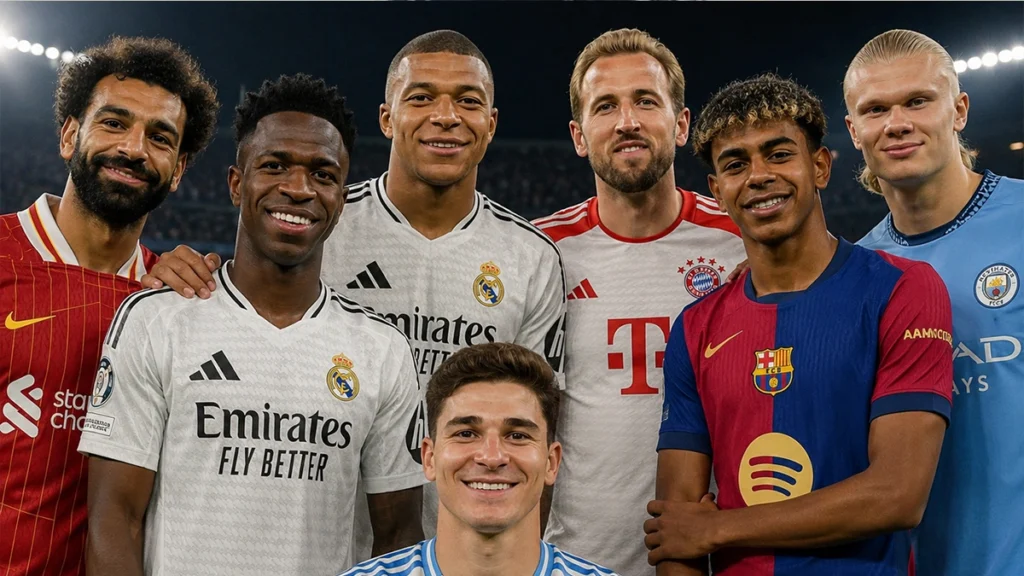 Football stars smiling together in their club shirts