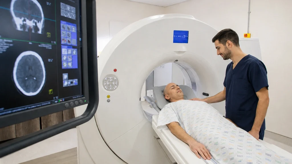 Patient undergoing CT imaging to assess implant healing after radiation therapy