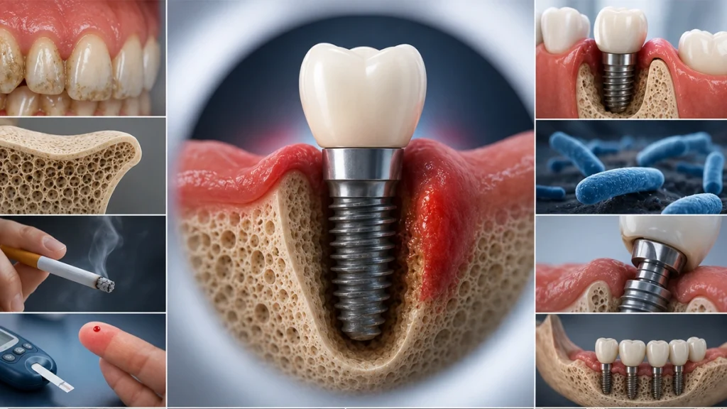 Dental implant failure risk factors including smoking, gum disease, poor oral hygiene, and low bone quality
