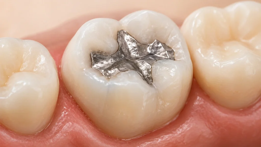 Silver amalgam filling in a back molar tooth
