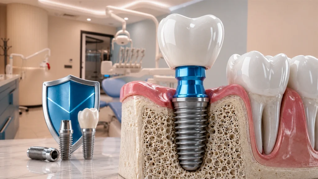 Dental implant with crown and abutment illustrating implant durability and component compatibility