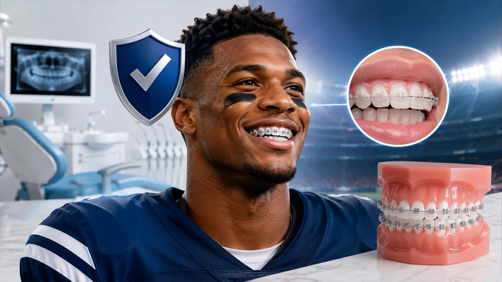 Football player smiling with braces alongside orthodontic dental images, illustrating orthodontic treatment for NFL athletes.