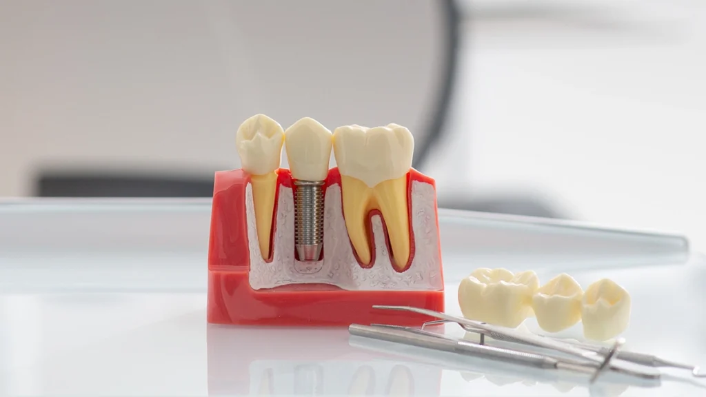 Dental implant model showing tooth replacement after sports-related tooth loss