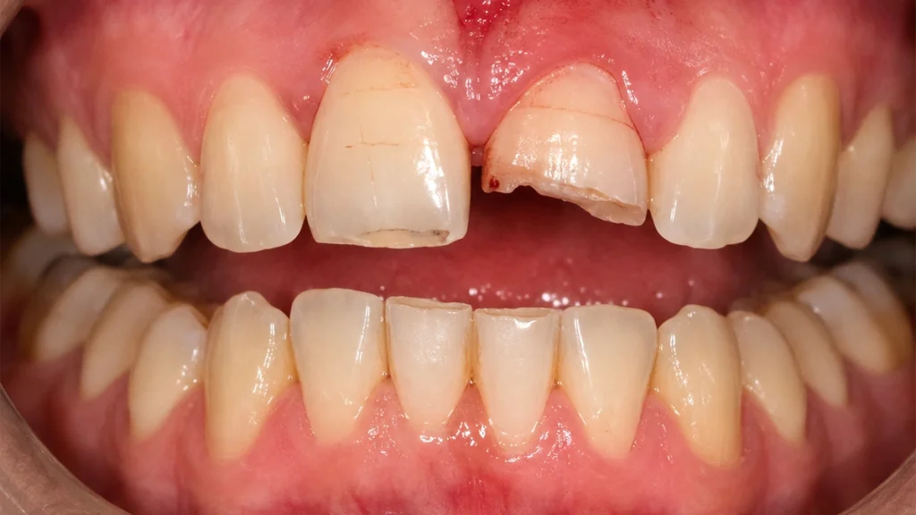 Chipped front tooth illustrating minor dental injury and smile restoration