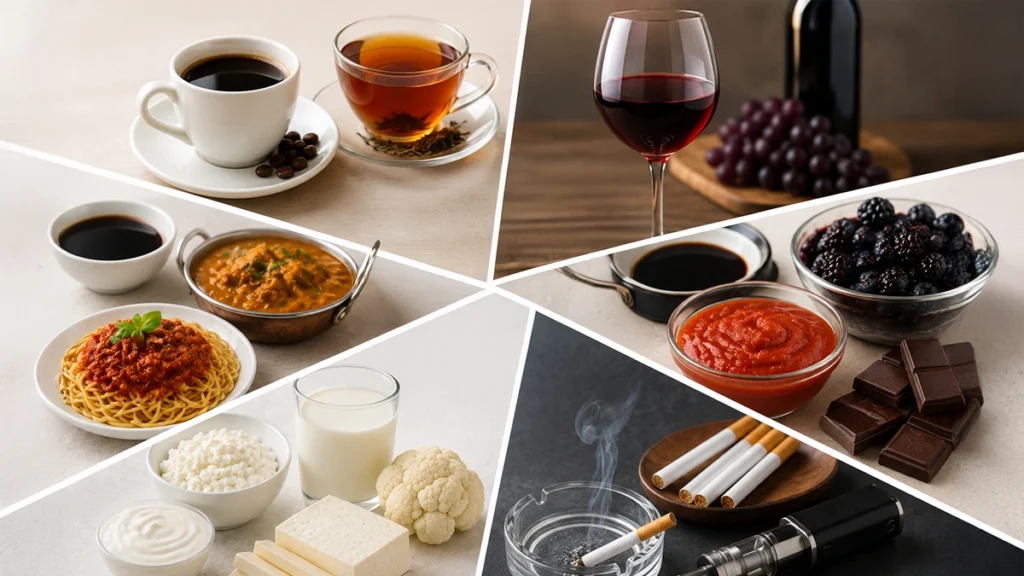 Foods and drinks to avoid after teeth whitening, including coffee, tea, red wine, dark foods, and smoking