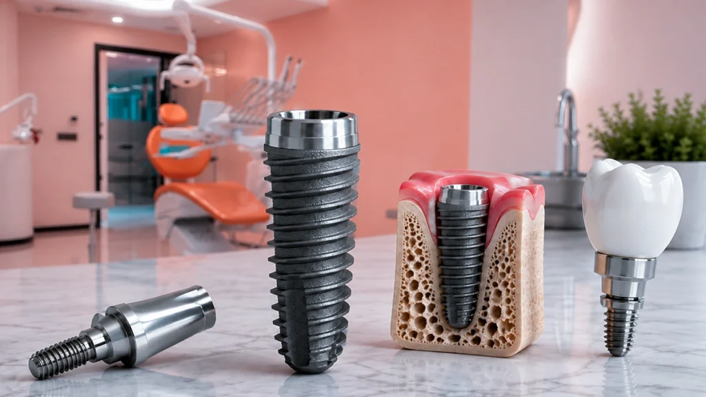Dental implant fixture, abutment and crown illustrating dental implant lifespan
