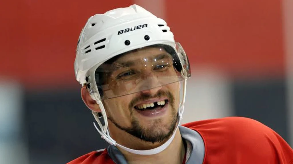 Alexander Ovechkin's smile on the ice with visible missing front teeth