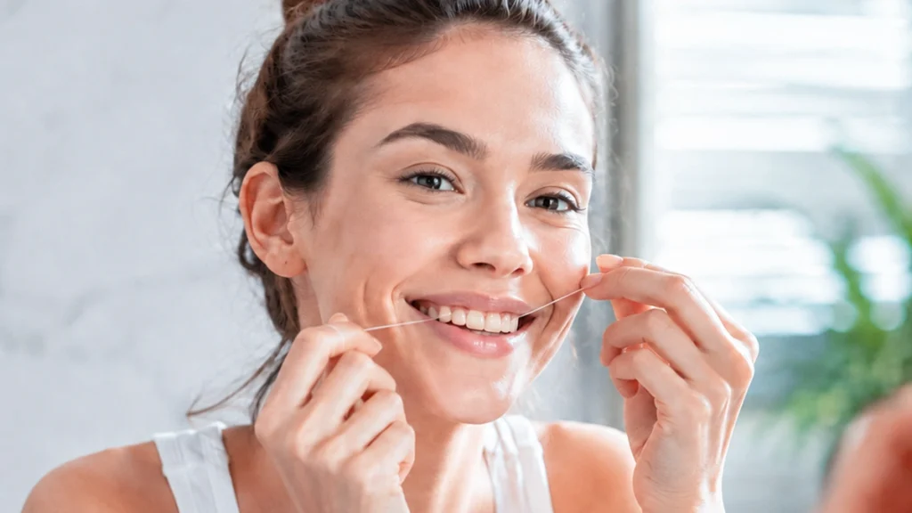 Woman flossing her teeth to maintain teeth whitening results and good oral hygiene
