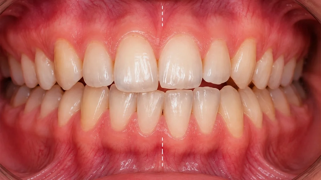 Dental midline shift showing off-center upper and lower front teeth before Invisalign treatment