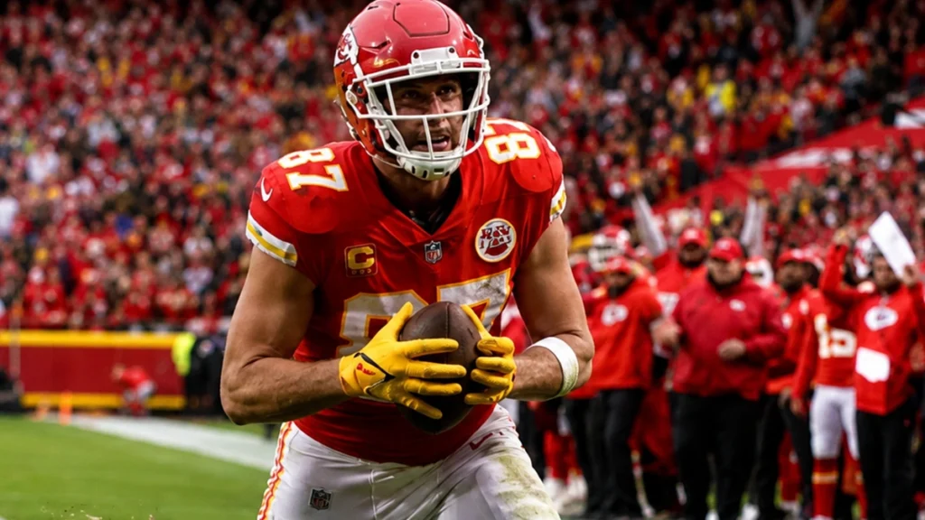 NFL player in a red football uniform carrying the ball during a game, illustrating oral health and dental protection for professional athletes.