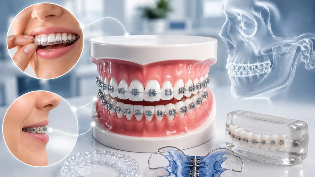 Orthodontic treatment with braces, clear aligners, dental model, and jaw X-ray