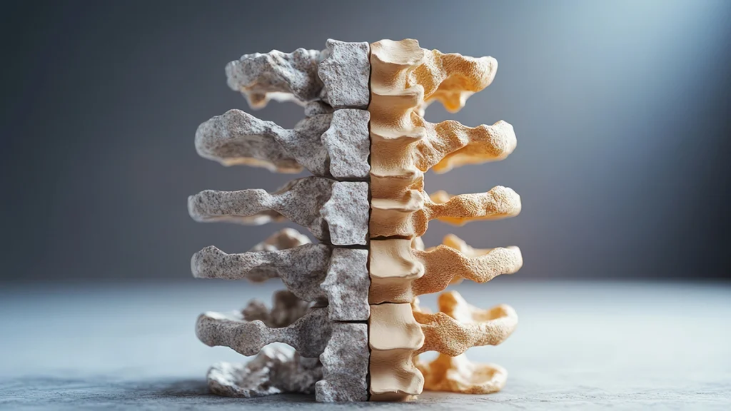 Osteoporosis bone density comparison showing healthy and weakened spinal bone structure