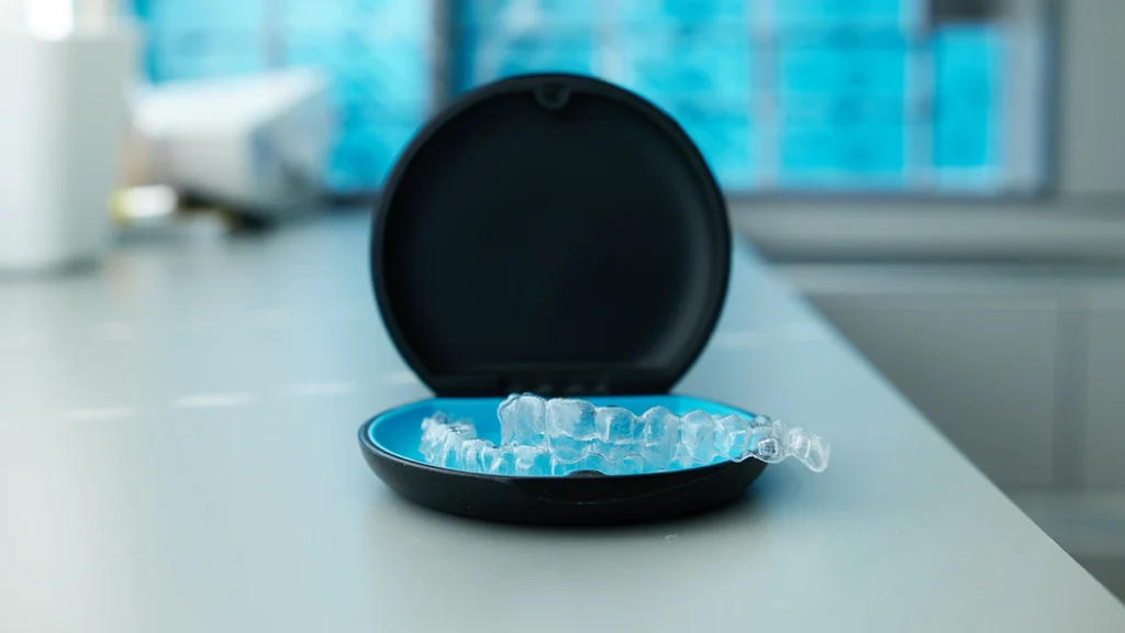 Clear dental aligner in an open storage case