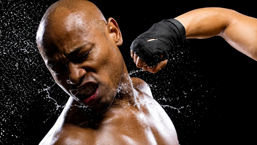 MMA fighter taking a punch to the face, illustrating sports injuries that can cause missing teeth