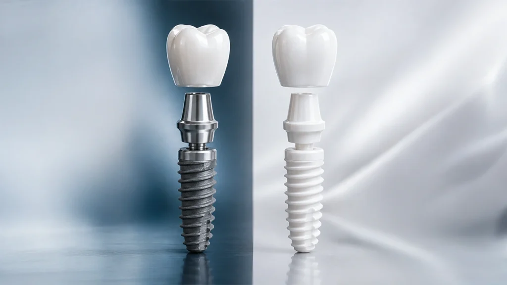 Titanium vs zirconia dental implants with crowns shown side by side