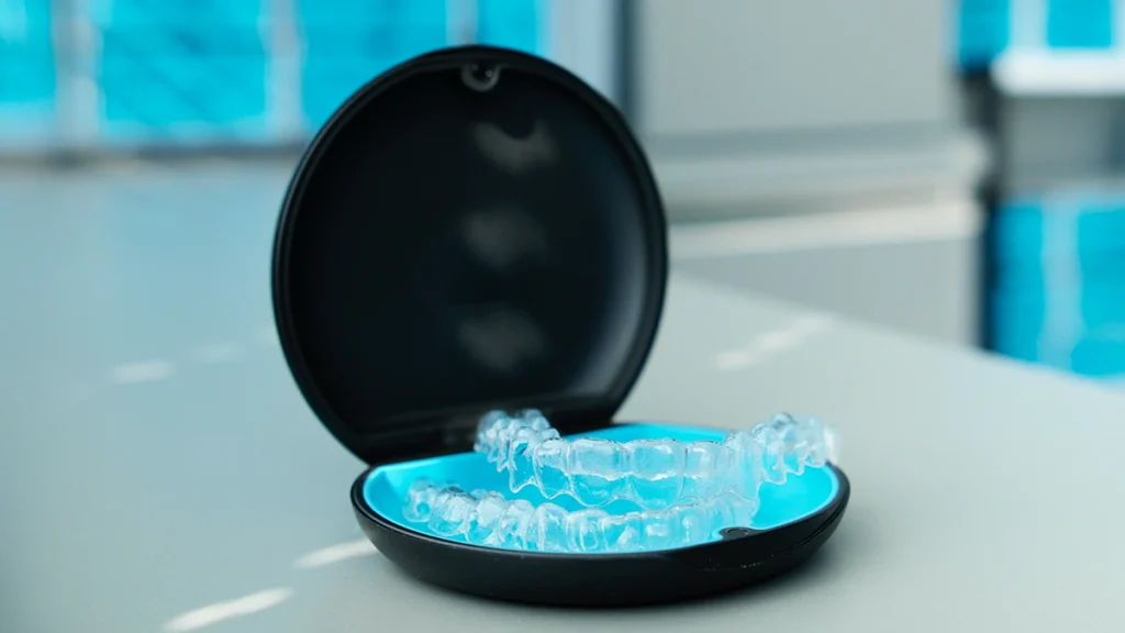Clear orthodontic aligners in a protective case, representing professional evaluation of tooth alignment and bite.