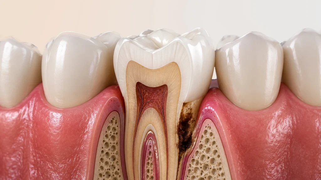 Tooth decay below the gumline showing damage that may require treatment before a dental crown
