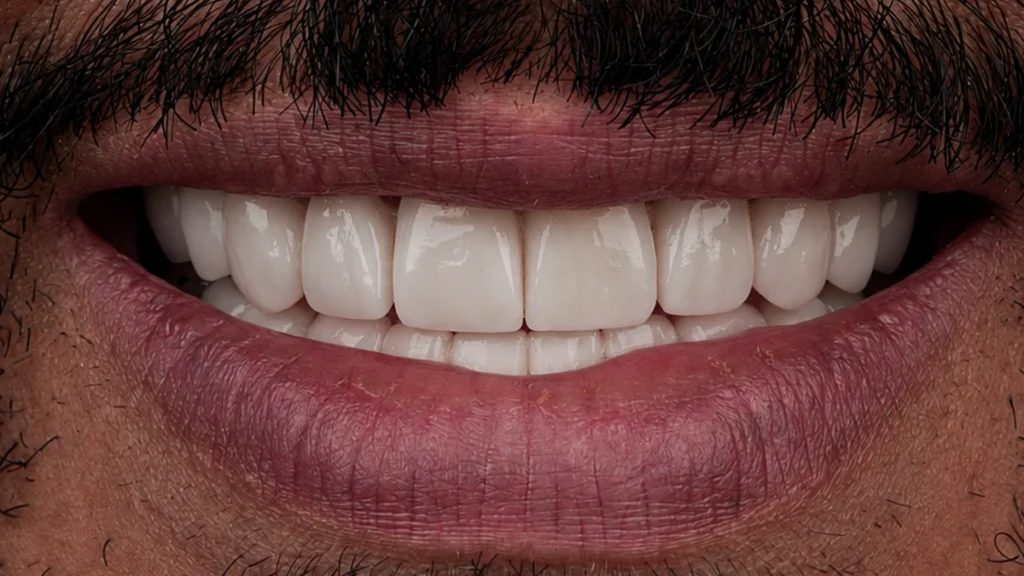 Veneer treatment result showing natural-looking ceramic veneers and healthy gums