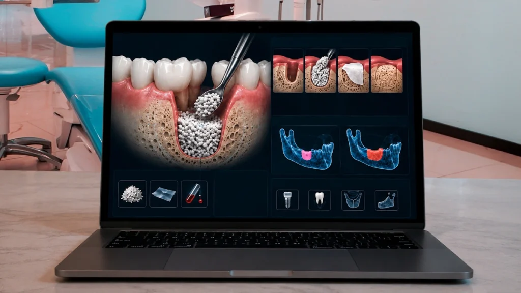Digital dental implant planning showing bone grafting and implant placement on a laptop