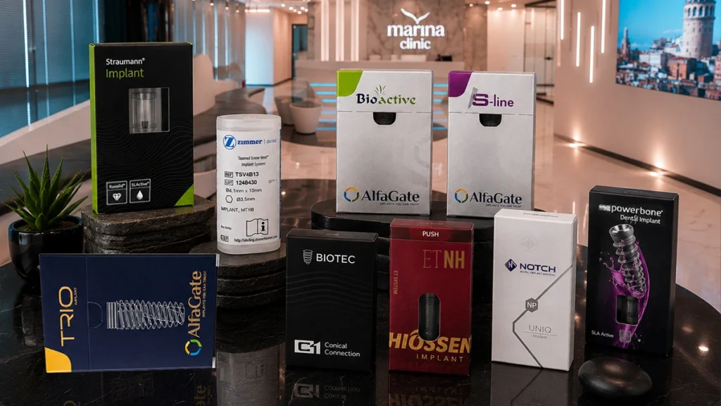 Dental implant brands including Straumann, AlfaGate, Hiossen and BIOTEC displayed at Marina Clinic