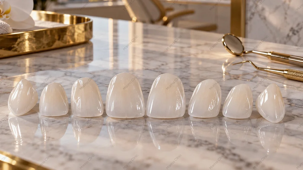Eight ceramic veneers for the upper front teeth in a Hollywood Smile