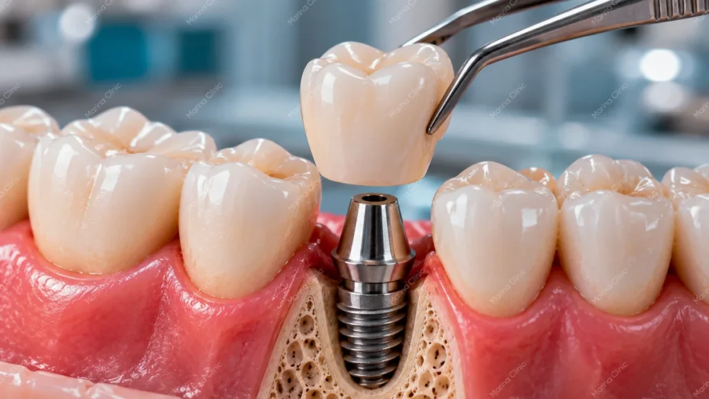 Dental implant with abutment and crown replacement