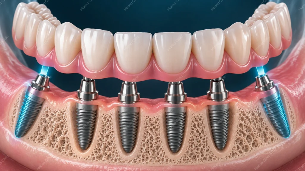 All-on-6 dental implants supporting a fixed full-arch bridge