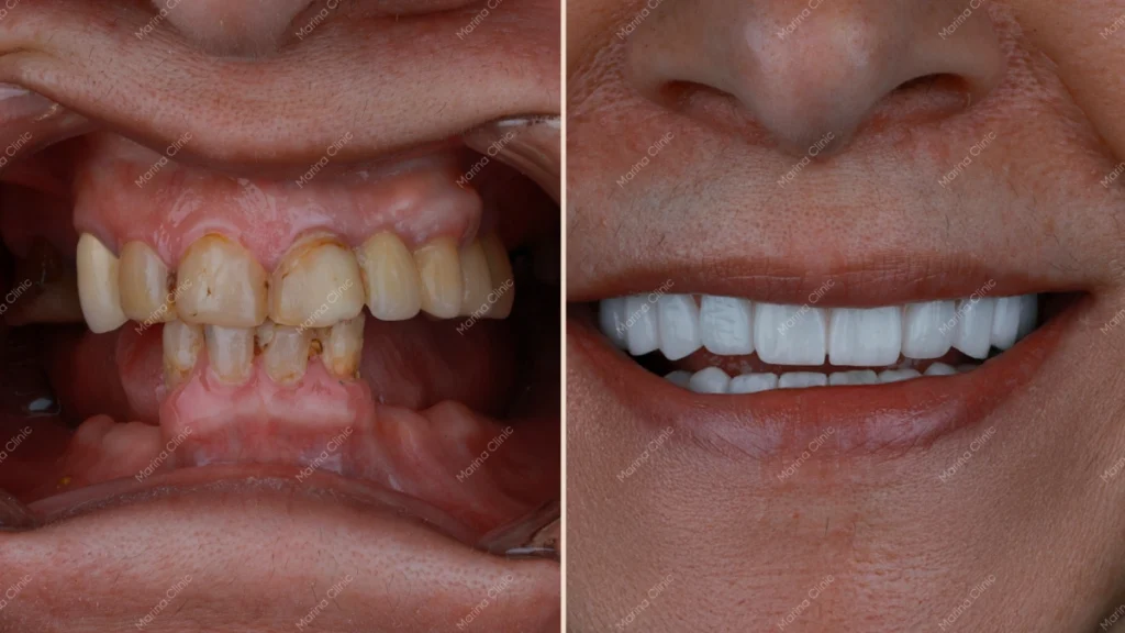 Before and after All-on-4 dental implants showing full-arch smile restoration