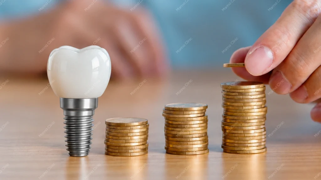 Dental implant cost comparison with implant crown and stacked coins