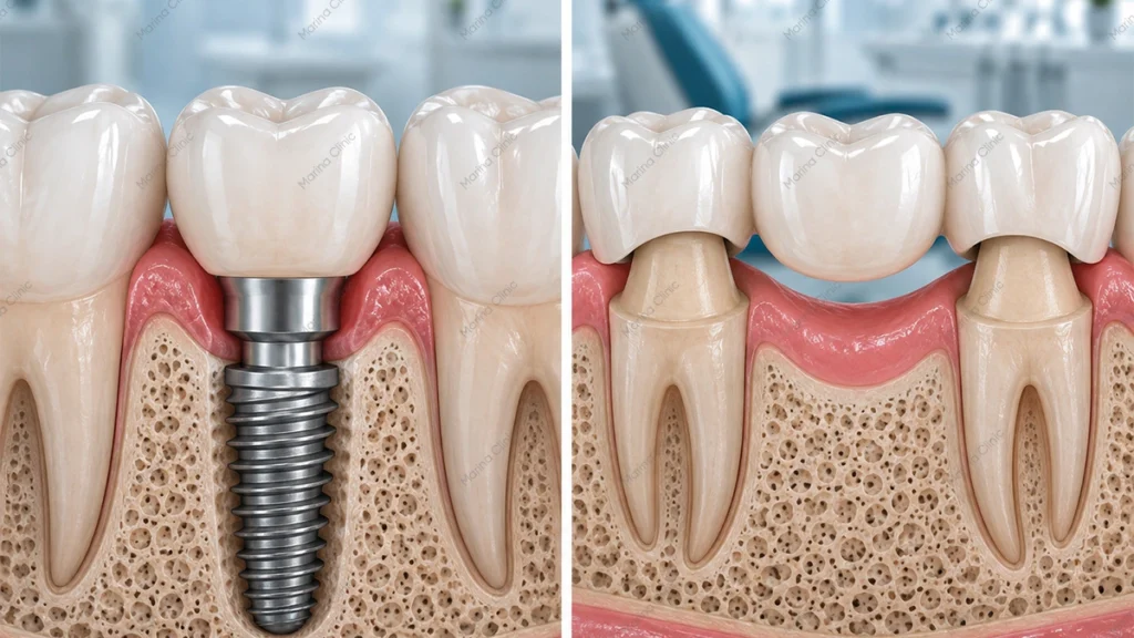 Dental implants vs bridge comparison showing implant-supported crown and traditional dental bridge