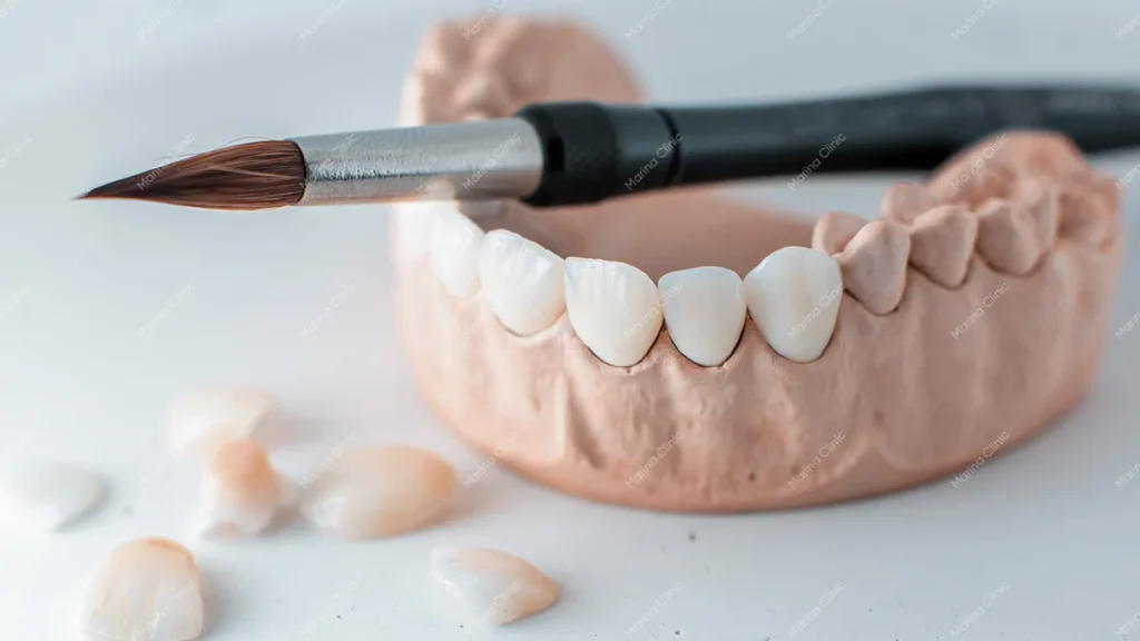Dental veneers on a model illustrating porcelain, E-max, and zirconia material options