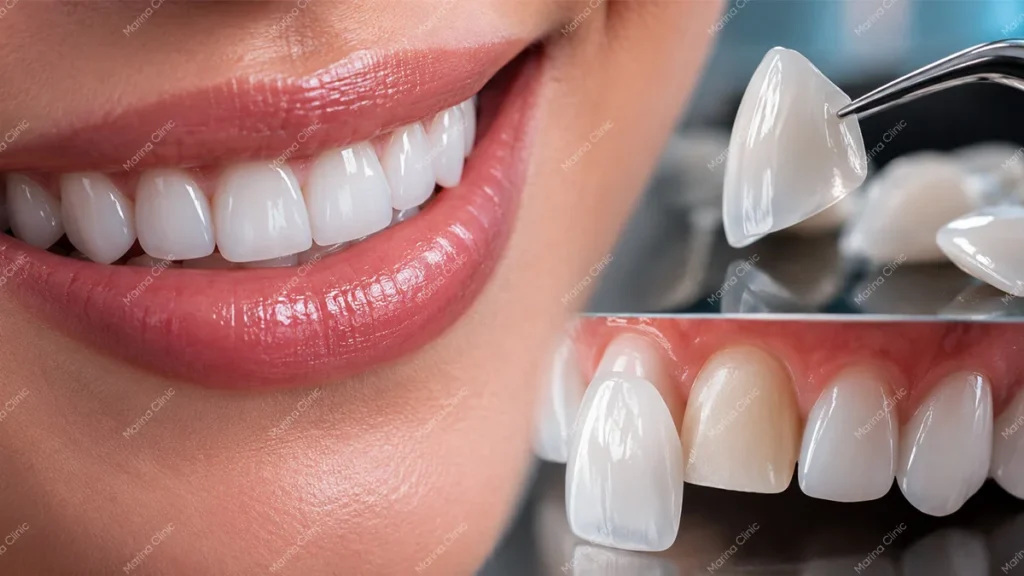 Dentist evaluating veneer shade, smile symmetry, and tooth proportions for veneer planning