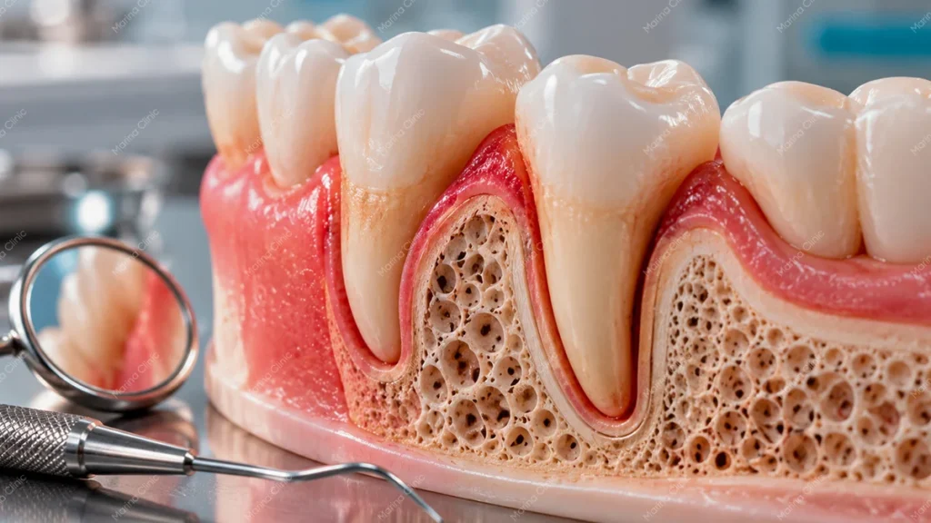 Tooth roots, gums, and jawbone showing periodontal support