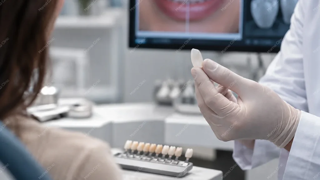 Dentist showing a dental veneer during E-max vs zirconia consultation